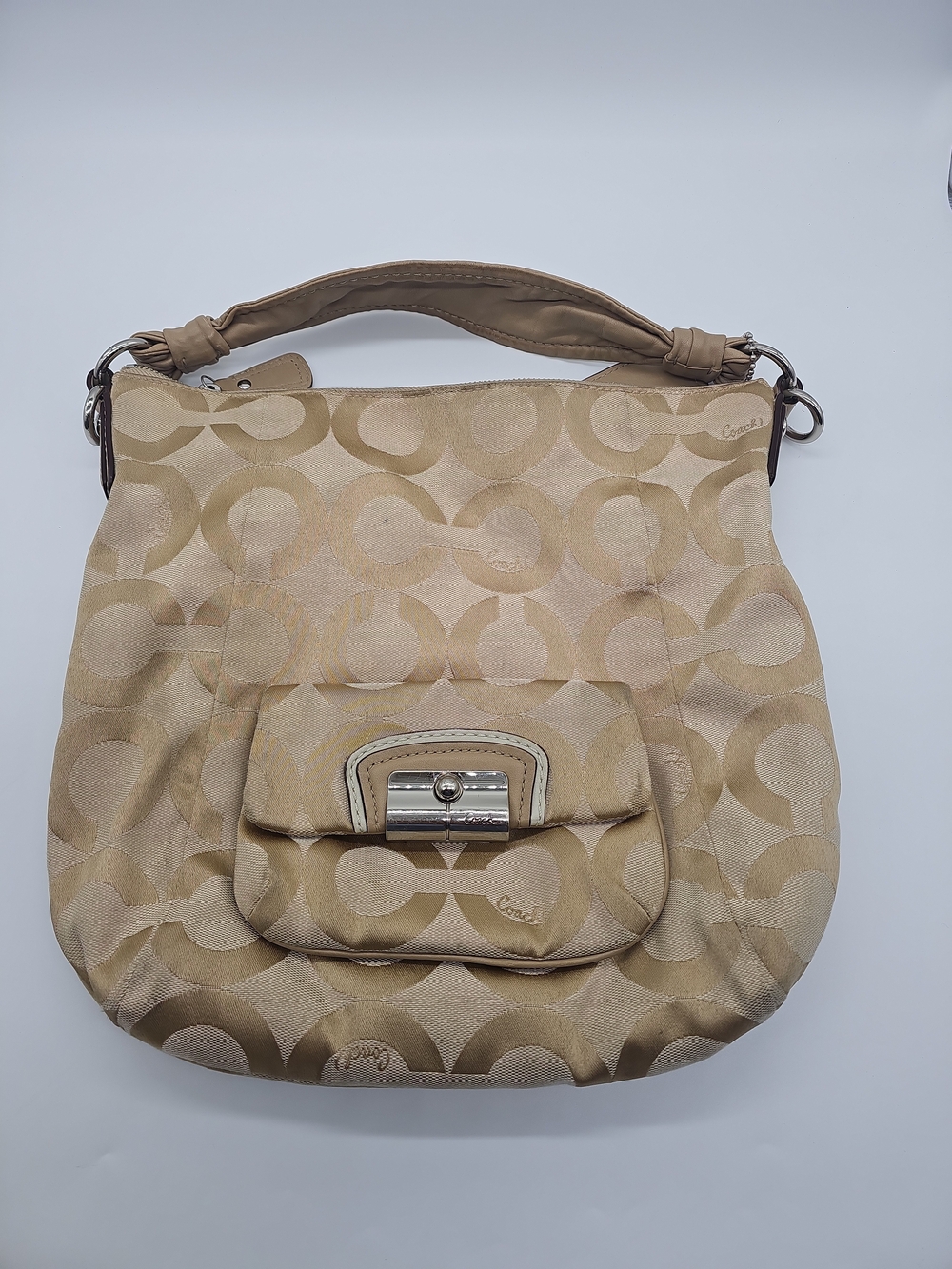 Coach Tan Signature Shoulder Bag with Front Pocket